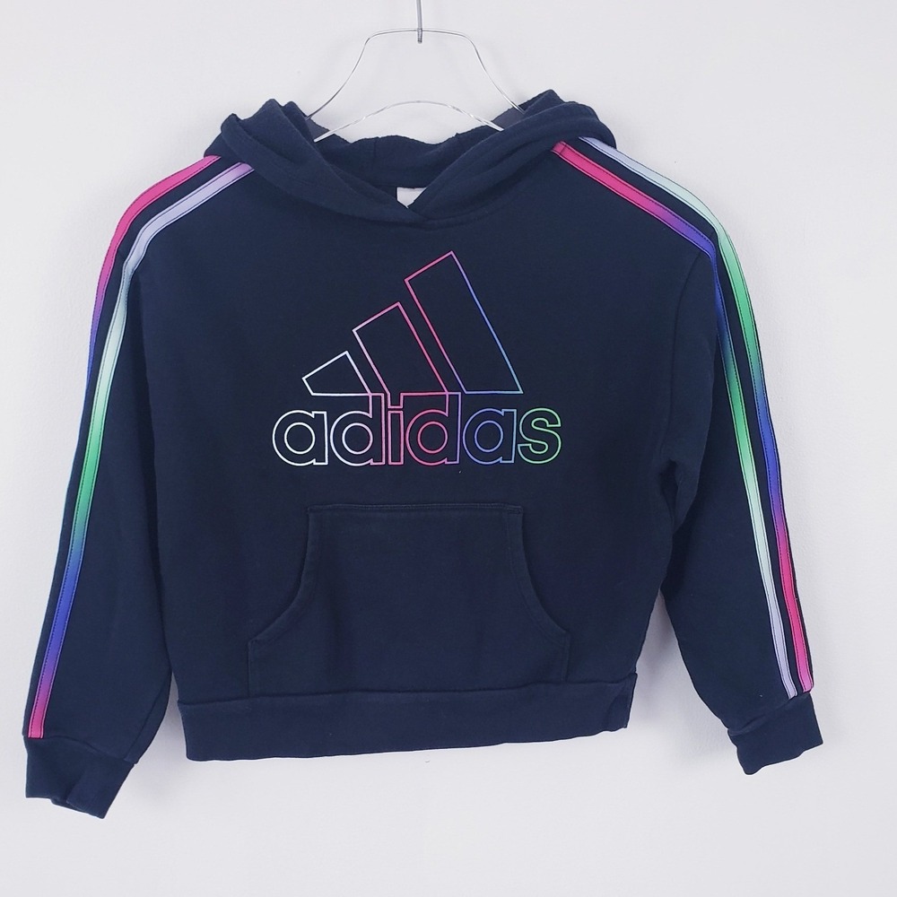 Adidas Girls Multicolor 3-Stripes Fleece Pullover Hoodie Black Rainbow Size So